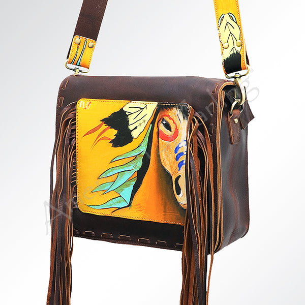 ADBGM109 Fringed Leather Western Crossbody Bag - Painted Artwork