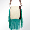 ADBG729 American Darling Teal Fringe Cowhide Bag - Hand Tooled Leather Western Crossbody Purse