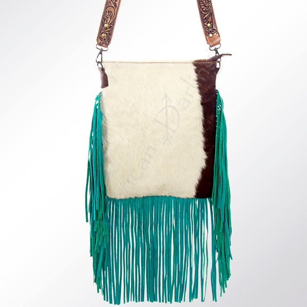 ADBG729 American Darling Teal Fringe Cowhide Bag - Hand Tooled Leather Western Crossbody Purse