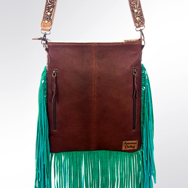 ADBG729 American Darling Teal Fringe Cowhide Bag - Hand Tooled Leather Western Crossbody Purse