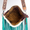 ADBG729 American Darling Teal Fringe Cowhide Bag - Hand Tooled Leather Western Crossbody Purse