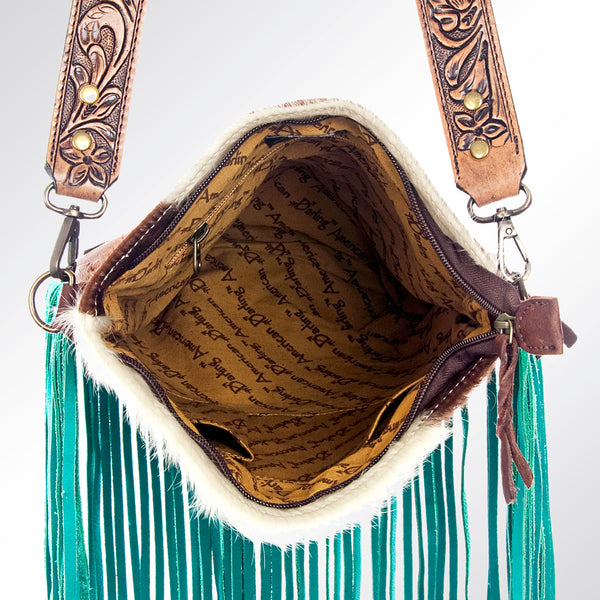 ADBG729 American Darling Teal Fringe Cowhide Bag - Hand Tooled Leather Western Crossbody Purse
