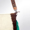 ADBG729 American Darling Teal Fringe Cowhide Bag - Hand Tooled Leather Western Crossbody Purse