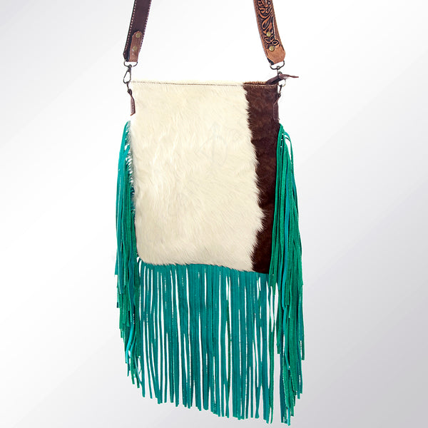 ADBG729 American Darling Teal Fringe Cowhide Bag - Hand Tooled Leather Western Crossbody Purse