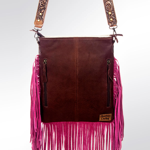 ADBG730 American Darling Pink Fringe Cowhide Bag Hand Tooled Leather Western Crossbody Purse