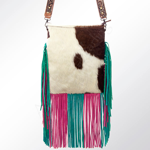 ADBG731 American Darling Hand Tooled Floral Carved Strap Large Cross body Bag Hair-On Cowhide Western Fringed Purse