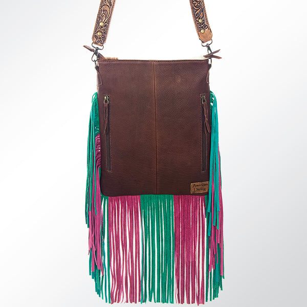 ADBG731 American Darling Hand Tooled Floral Carved Strap Large Cross body Bag Hair-On Cowhide Western Fringed Purse