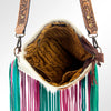 ADBG731 American Darling Hand Tooled Floral Carved Strap Large Cross body Bag Hair-On Cowhide Western Fringed Purse