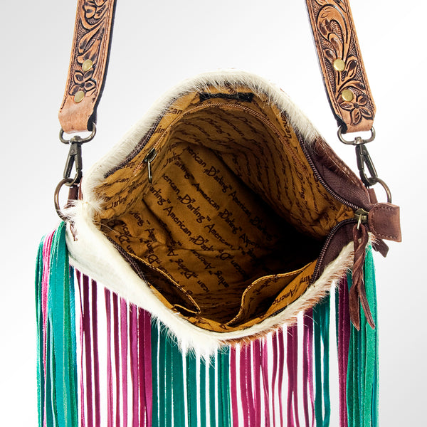 ADBG731 American Darling Hand Tooled Floral Carved Strap Large Cross body Bag Hair-On Cowhide Western Fringed Purse