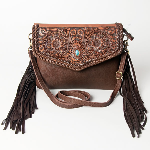 ADBGD119 American Darling Hand Tooled Floral Leather Envelope Crossbody with Turquoise Concho
