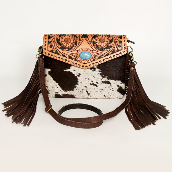 ADBGD120 American Darling Hand Tooled Floral & Hair-On Cowhide Envelope with Turquoise Concho