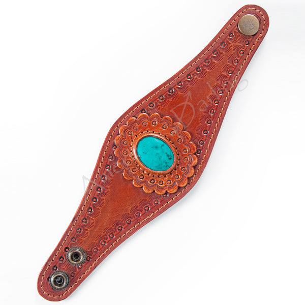 ADBRF135 Stamped Leather Cuff Bracelet with Turquoise Stone - Western Style