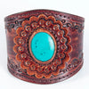 ADBRF136 Hand Stamped Leather Cuff Bracelet - Burgundy Finish with Turquoise Stone