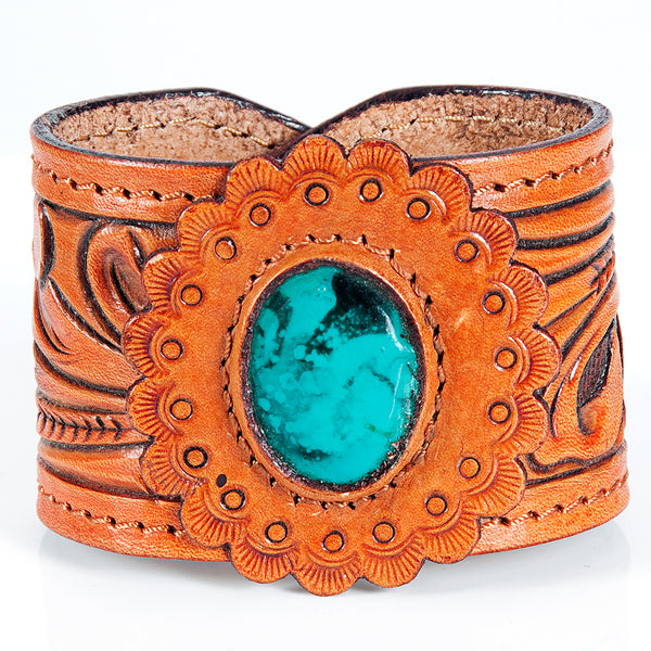 ADBRF137 Hand Tooled Leather Cuff Bracelet - Saddle Tan with Turquoise Stone Concho