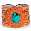 ADBRF137 Hand Tooled Leather Cuff Bracelet - Saddle Tan with Turquoise Stone Concho