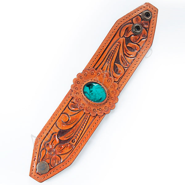ADBRF137 Hand Tooled Leather Cuff Bracelet - Saddle Tan with Turquoise Stone Concho