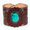 ADBRF138 Hand Tooled Leather Cuff Bracelet - Maroon Floral Design with Turquoise Stone