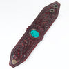 ADBRF138 Hand Tooled Leather Cuff Bracelet - Maroon Floral Design with Turquoise Stone
