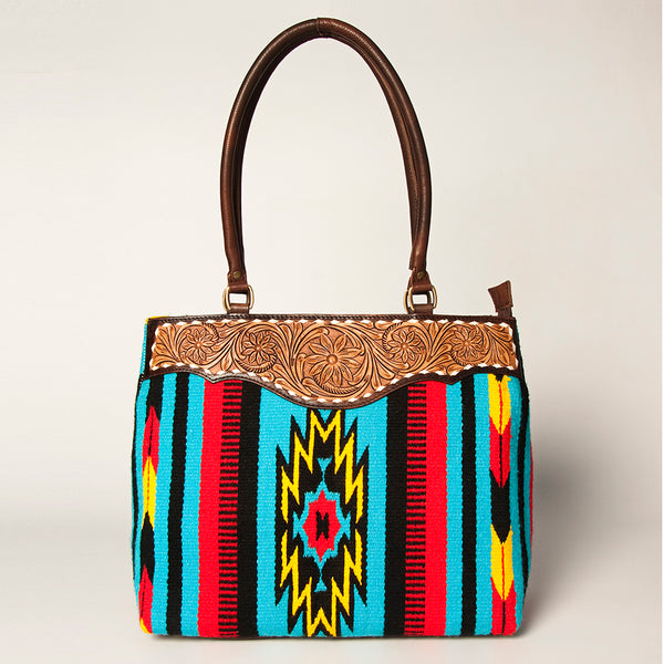 ADBGA151 American Darling Floral Tooled Leather & Woven Saddle Blanket Tote Bag