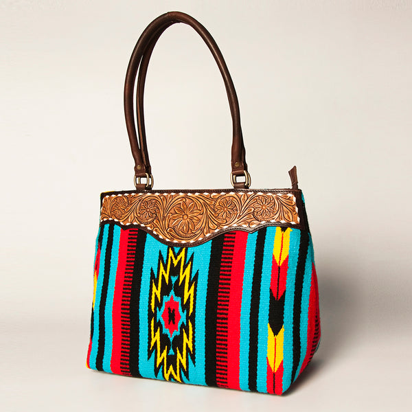 ADBGA151 American Darling Floral Tooled Leather & Woven Saddle Blanket Tote Bag