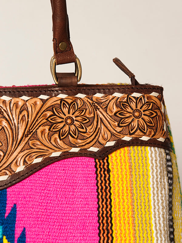 ADBGA151 American Darling Floral Tooled Leather & Woven Saddle Blanket Tote Bag
