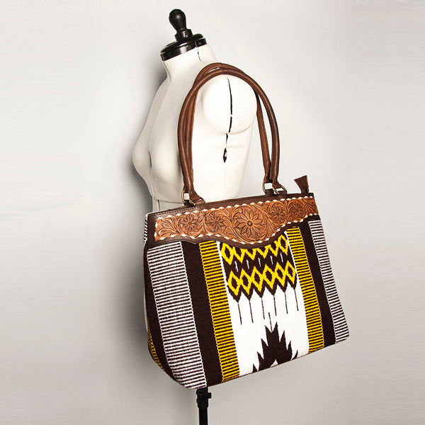 ADBGA151 American Darling Floral Tooled Leather & Woven Saddle Blanket Tote Bag