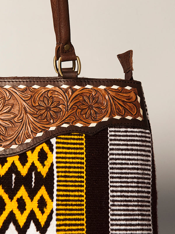 ADBGA151 American Darling Floral Tooled Leather & Woven Saddle Blanket Tote Bag