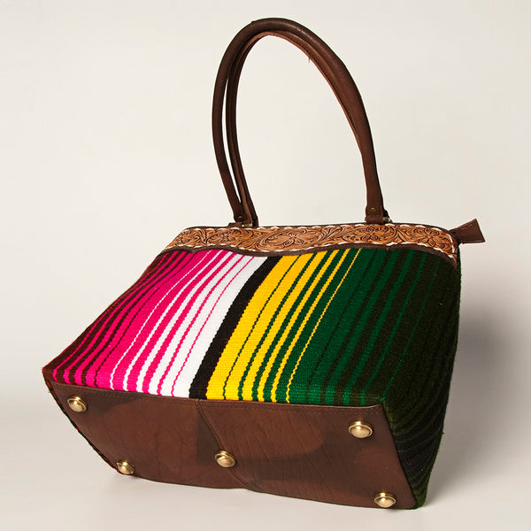 ADBGA151 American Darling Floral Tooled Leather & Woven Saddle Blanket Tote Bag