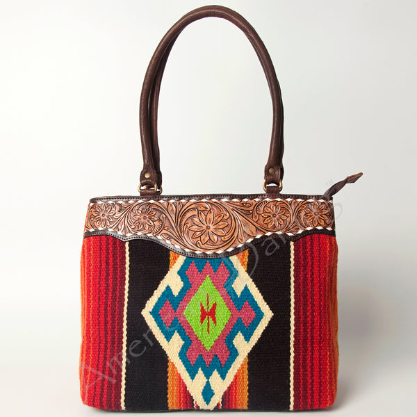 ADBGA151 American Darling Floral Tooled Leather & Woven Saddle Blanket Tote Bag