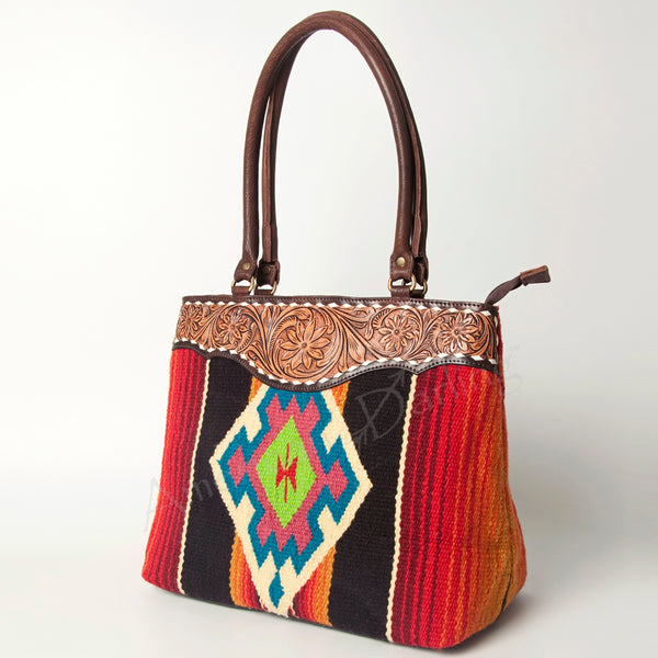 ADBGA151 American Darling Floral Tooled Leather & Woven Saddle Blanket Tote Bag