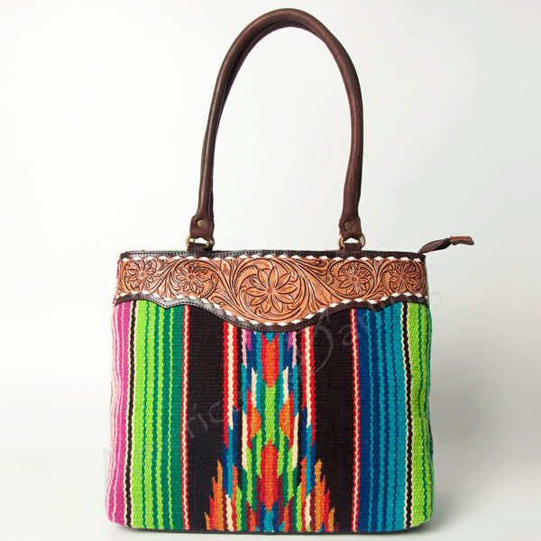 ADBGA151 American Darling Floral Tooled Leather & Woven Saddle Blanket Tote Bag