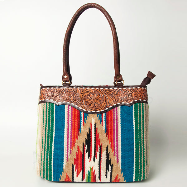 ADBGA151 American Darling Floral Tooled Leather & Woven Saddle Blanket Tote Bag