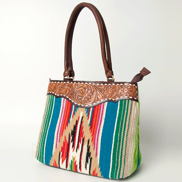 ADBGA151 American Darling Floral Tooled Leather & Woven Saddle Blanket Tote Bag