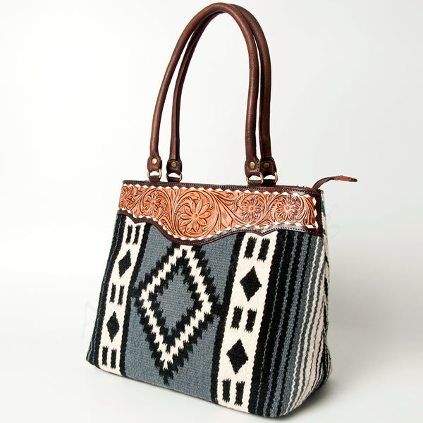 ADBGA151 American Darling Floral Tooled Leather & Woven Saddle Blanket Tote Bag
