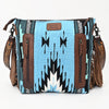 LC-ADBGZ306 Hand Tooled Leather & Wool Aztec Crossbody Bag with Fringe - Turquoise Southwestern Design