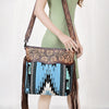 LC-ADBGZ306 Hand Tooled Leather & Wool Aztec Crossbody Bag with Fringe - Turquoise Southwestern Design