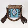 LC-ADBGZ306 Hand Tooled Leather & Wool Aztec Crossbody Bag with Fringe - Turquoise Southwestern Design