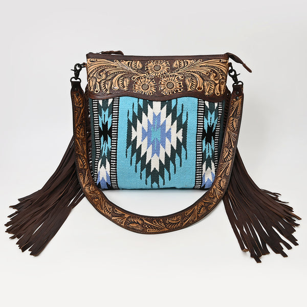 LC-ADBGZ306 Hand Tooled Leather & Wool Aztec Crossbody Bag with Fringe - Turquoise Southwestern Design