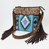 LC-ADBGZ306 Hand Tooled Leather & Wool Aztec Crossbody Bag with Fringe - Turquoise Southwestern Design