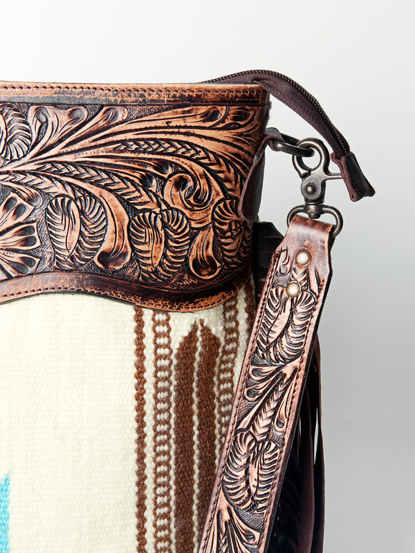 LC-ADBGZ306 Hand Tooled Leather & Wool Aztec Crossbody Bag with Fringe - Turquoise Southwestern Design