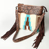 LC-ADBGZ306 Hand Tooled Leather & Wool Aztec Crossbody Bag with Fringe - Turquoise Southwestern Design