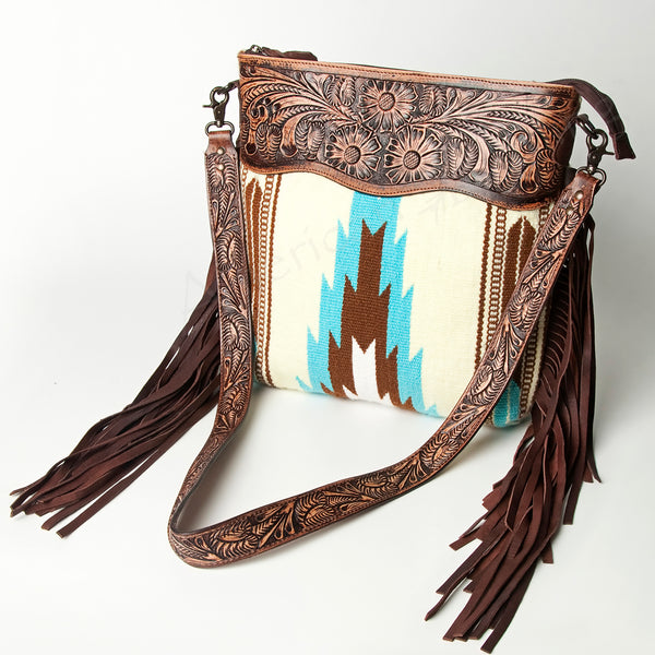 LC-ADBGZ306 Hand Tooled Leather & Wool Aztec Crossbody Bag with Fringe - Turquoise Southwestern Design