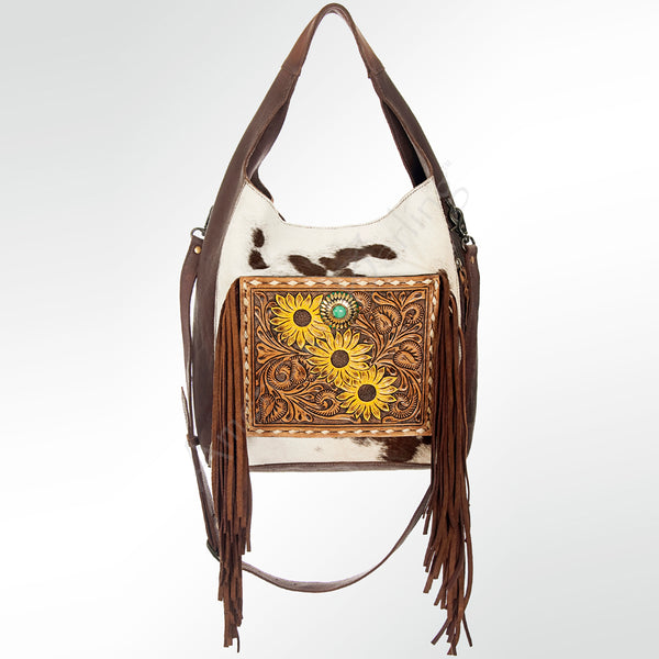 ADBG622B American Darling Hand Tooled Floral & Cowhide Western Leather Hobo Bag with Fringes