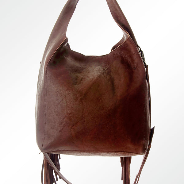ADBG622B American Darling Hand Tooled Floral & Cowhide Western Leather Hobo Bag with Fringes