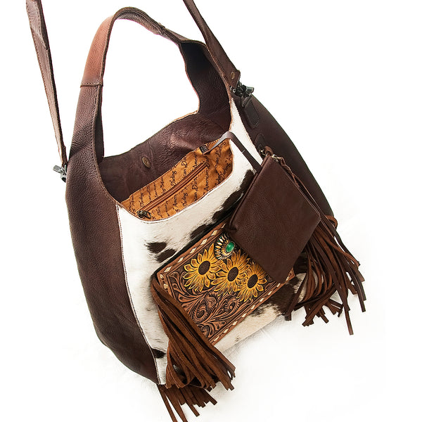 ADBG622B American Darling Hand Tooled Floral & Cowhide Western Leather Hobo Bag with Fringes