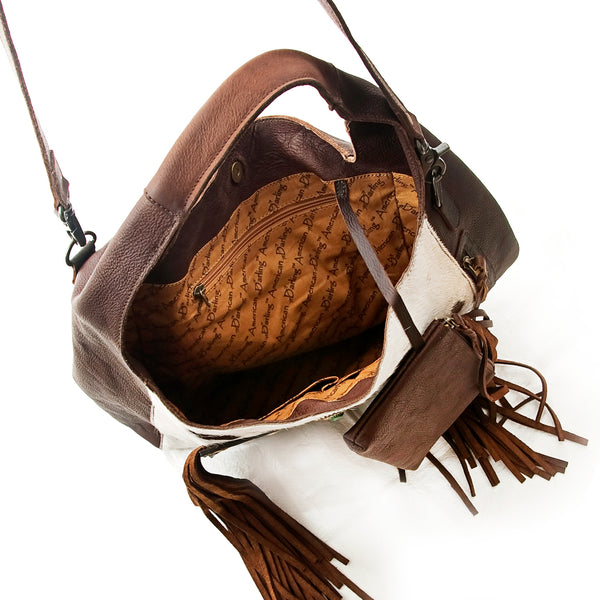 ADBG622B American Darling Hand Tooled Floral & Cowhide Western Leather Hobo Bag with Fringes