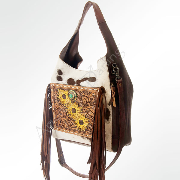 ADBG622B American Darling Hand Tooled Floral & Cowhide Western Leather Hobo Bag with Fringes