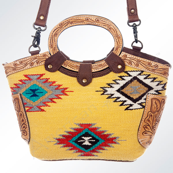 ADBG623C American Darling Yellow Aztec Saddle Blanket & Hand Tooled Leather Tote Bag