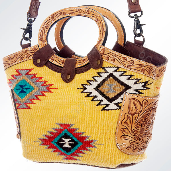 ADBG623C American Darling Yellow Aztec Saddle Blanket & Hand Tooled Leather Tote Bag