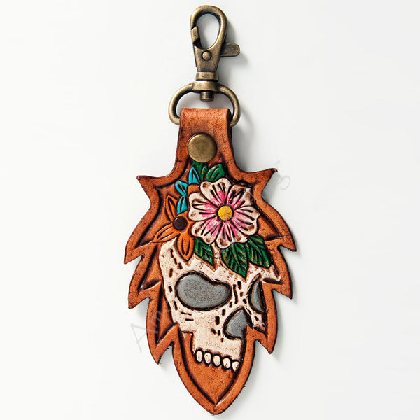 LC-ADKR164 Tooled Leather Skull Keyring Floral Design with Swivel Clip
